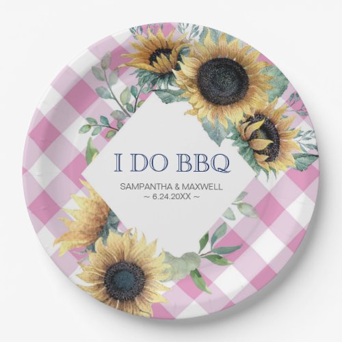 Sunflower and Pink Tartan I Do BBQ Paper Plate
