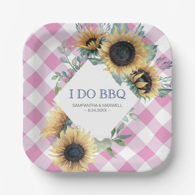 Sunflower and Pink Tartan I Do BBQ Paper Plate (Front)