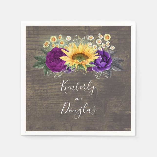 Sunflower and Purple Fall Rustic Wedding Napkins (Front)