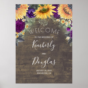 Sunflower and Purple Rose Fall Wedding Welcome Poster