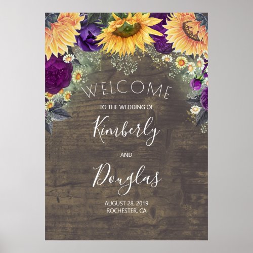 Sunflower and Purple Rose Fall Wedding Welcome Poster