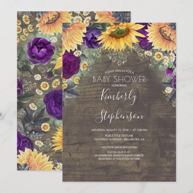Sunflower and Purple Rose Rustic Baby Shower Invitation (Front/Back)
