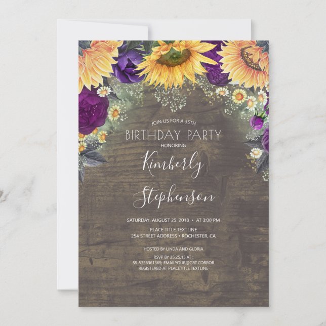 Sunflower and Purple Rose Rustic Birthday Invitation (Front)
