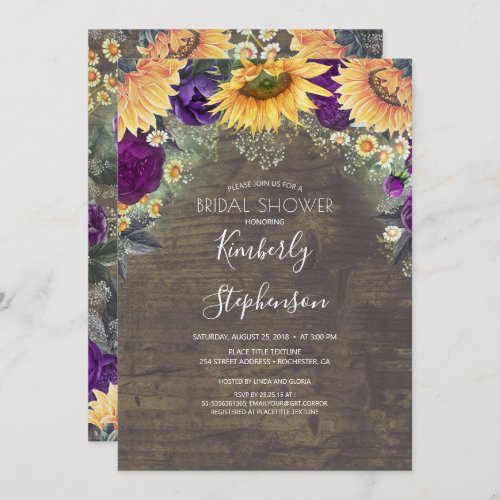 Sunflower and Purple Rose Rustic Bridal Shower Invitation