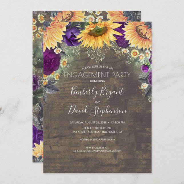 Sunflower and Purple Rose Rustic Engagement Party Invitation (Front/Back)