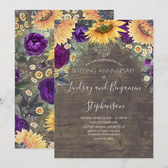 Sunflower and Purple Rose Wedding Anniversary Invitation (Front/Back)
