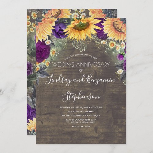 Sunflower and Purple Rose Wedding Anniversary Invitation