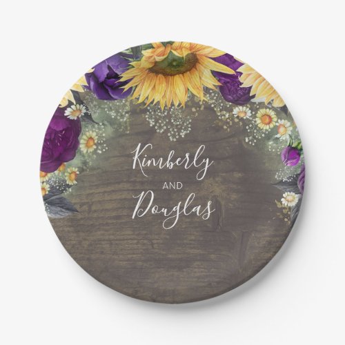 Sunflower and Purple Rustic Fall Wedding Paper Plates