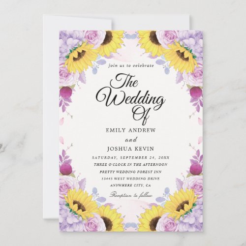 Sunflower and purple wedding invitations