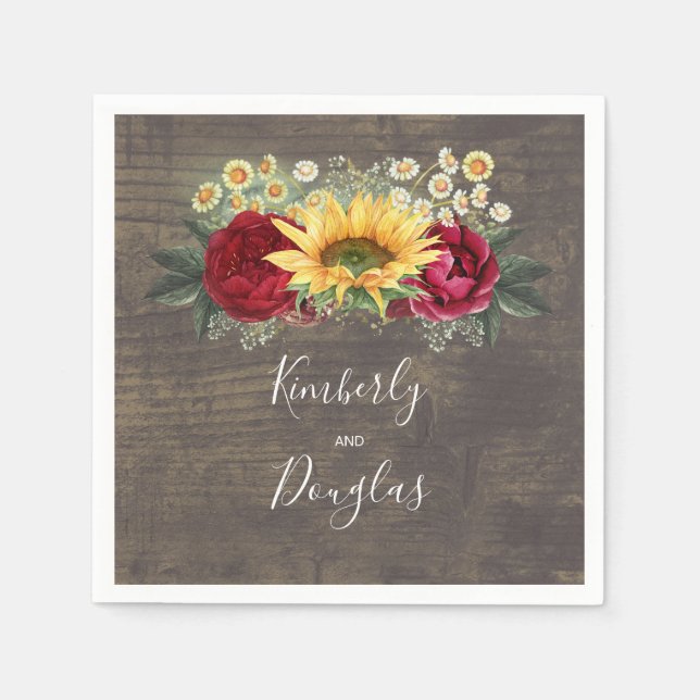 Sunflower and Red Rose Fall Rustic Wedding Napkins (Front)