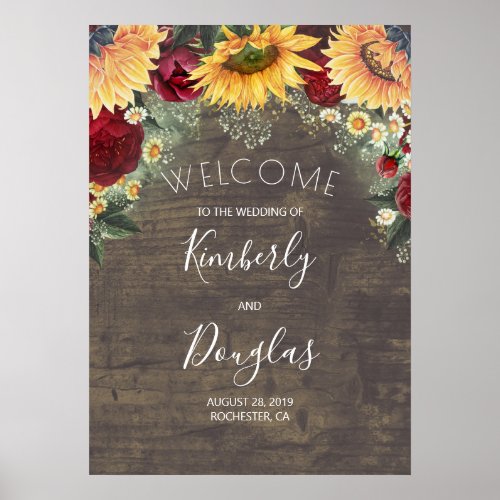 Sunflower and Red Rose Fall Wedding Welcome Sign