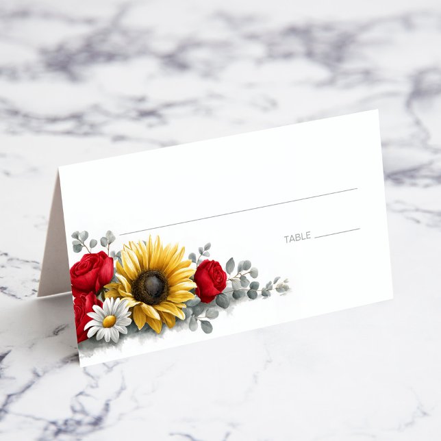 Sunflower and Red Rose Floral Wedding Place Card (Creator Uploaded)