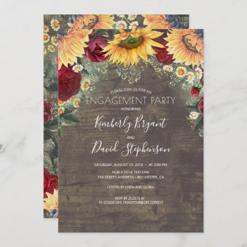 Sunflower and Red Rose Rustic Engagement Party Invitation