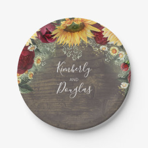 Sunflower and Red Rose Rustic Fall Wedding Paper Plates