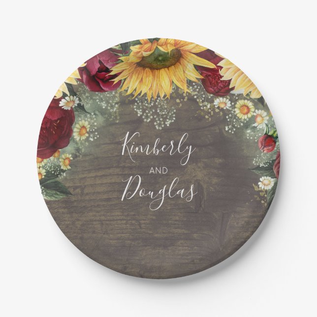 Sunflower and Red Rose Rustic Fall Wedding Paper Plates (Front)
