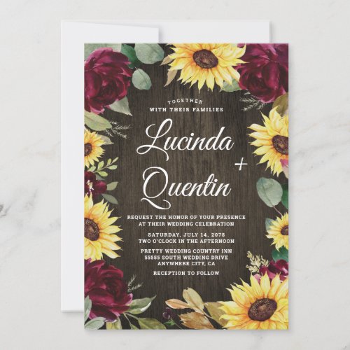 Sunflower and Red Roses Rustic Barn Wood Wedding Invitation