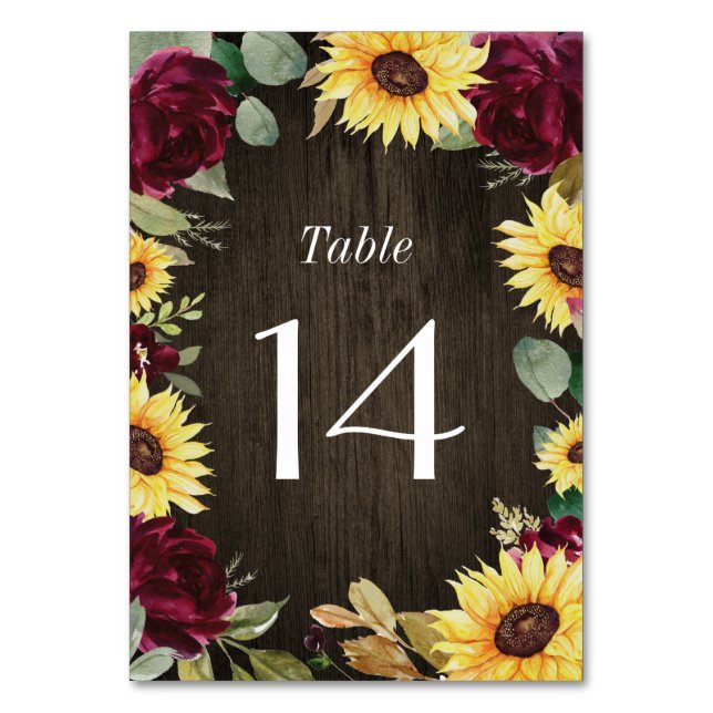 Sunflower and Red Roses Rustic Barn Wood Wedding Table Number (Front)