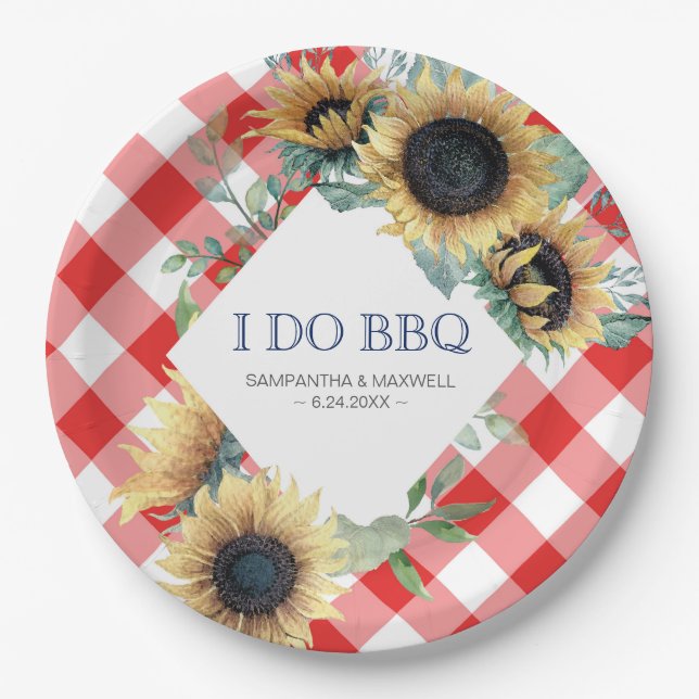 Sunflower and Red Tartan I Do BBQ Paper Plates (Front)