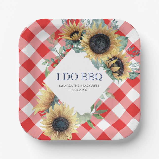 Sunflower and Red Tartan I Do BBQ Paper Plates (Front)