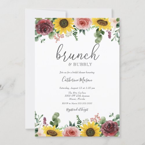 Sunflower and Rose Brunch and Bubbly Bridal Shower Invitation