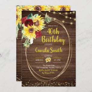 Sunflower and Rose Rustic 40th Birthday invitation