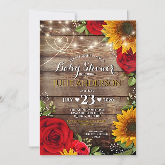 Sunflower and Rose Rustic Baby Shower Invitation (Front)