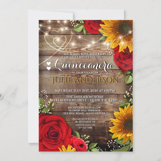 Sunflower and Rose Rustic Quinceanera Invitation (Front)
