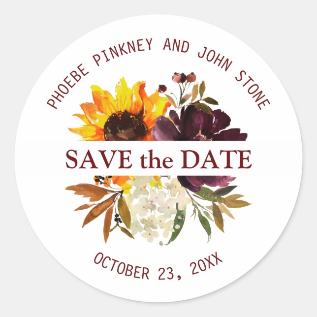 Sunflower and Rose Save the Date Envelope Seal (Front)