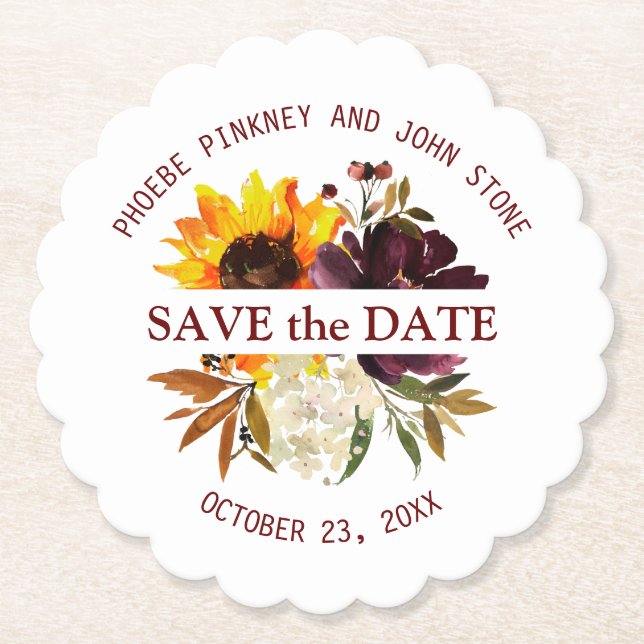 Sunflower and Rose Save the Date Paper Coaster (Front)