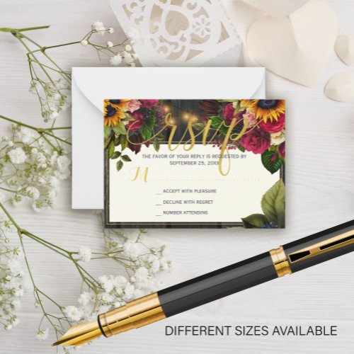 Sunflower and roses budget rustic wedding RSVP Note Card