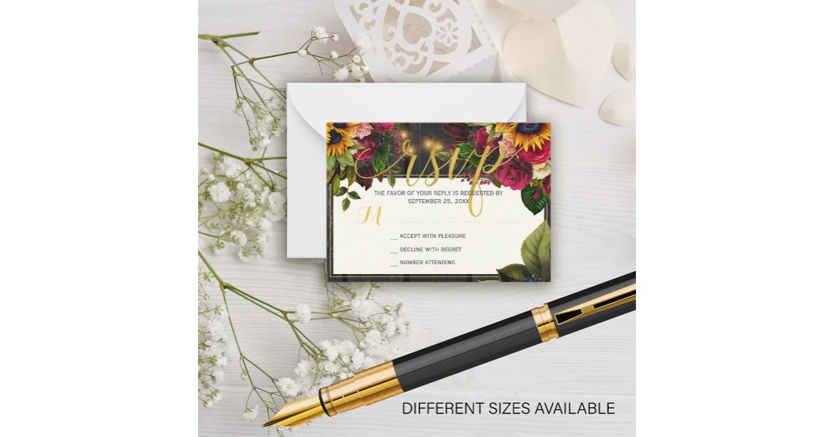 Sunflower and roses budget rustic wedding RSVP Note Card | Zazzle