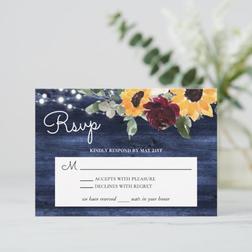 Sunflower and Roses Burgundy Navy Blue Rustic Wood RSVP Card