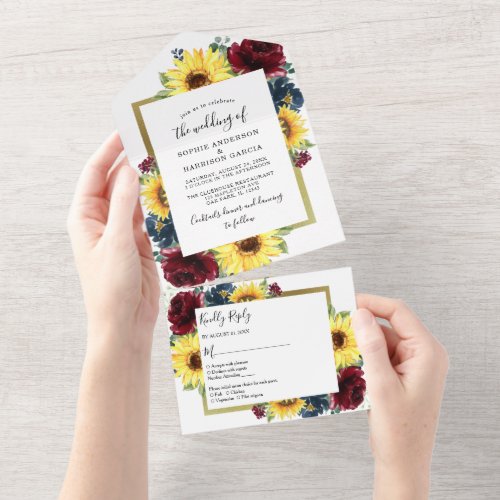 Sunflower and Roses Burgundy Navy Blue Wedding All In One Invitation