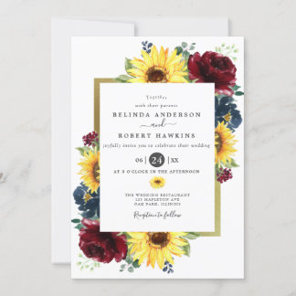 Sunflower and Roses Burgundy Navy Blue Wedding Invitation