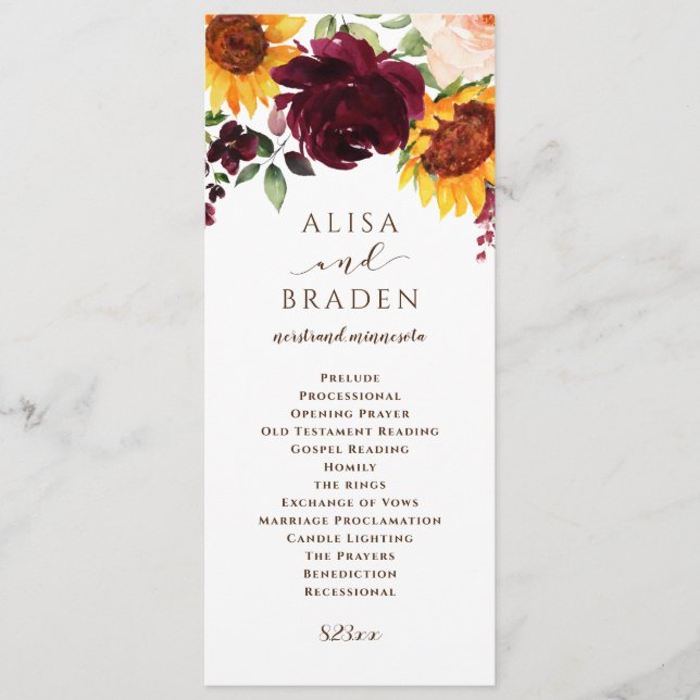 Sunflower and Roses Burgundy Red Fall Wedding Program (Front)