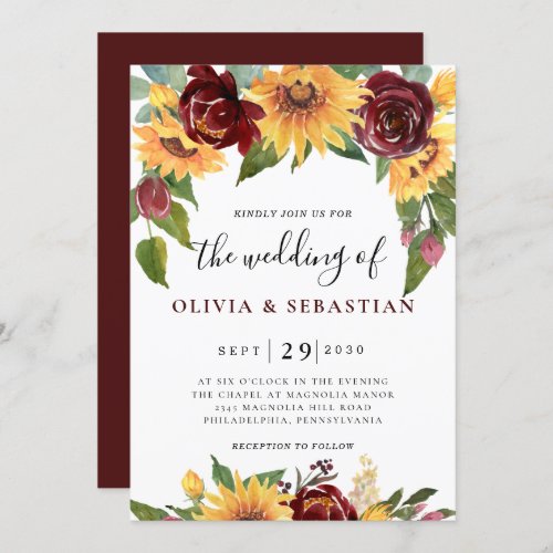 Sunflower and Roses Burgundy Red Greenery Wedding  Invitation