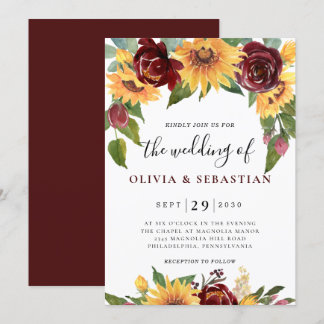Sunflower and Roses Burgundy Red Greenery Wedding Invitation