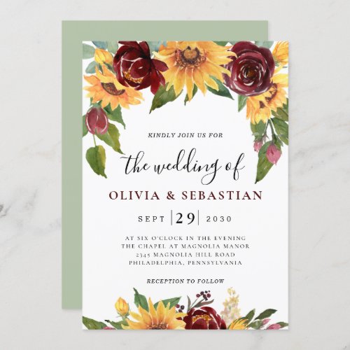 Sunflower and Roses Burgundy Red Greenery Wedding  Invitation