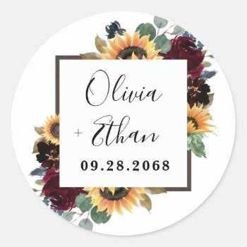 Sunflower And Roses Burgundy Red Navy Blue Wedding Classic Round Sticker by RusticWeddings at Zazzle