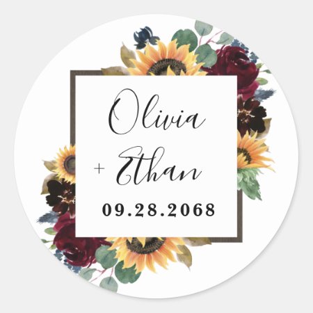 Sunflower And Roses Burgundy Red Navy Blue Wedding Classic Round Stick