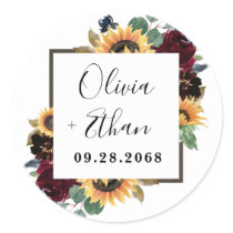 Sunflower and Roses Burgundy Red Navy Blue Wedding Classic Round Sticker