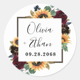 Sunflower and Roses Burgundy Red Navy Blue Wedding Classic Round Sticker