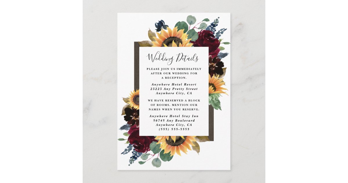 Sunflower and Roses Burgundy Red Navy Blue Wedding Enclosure Card | Zazzle