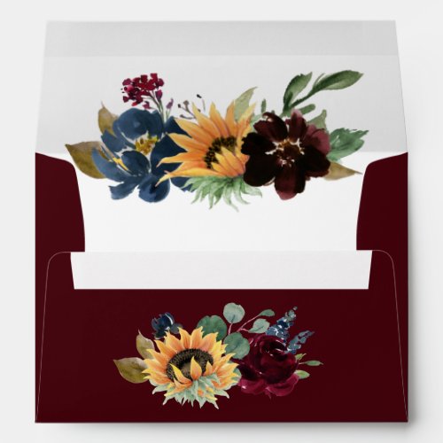 Sunflower and Roses Burgundy Red Navy Blue Wedding Envelope - Design features elegant watercolor roses, peonies, wildflowers and sunflowers in various shades of burgundy red, navy blue and more mixed with eucalyptus greenery.  Use a white paint pen found at most craft or big box stores to write out your guest names.