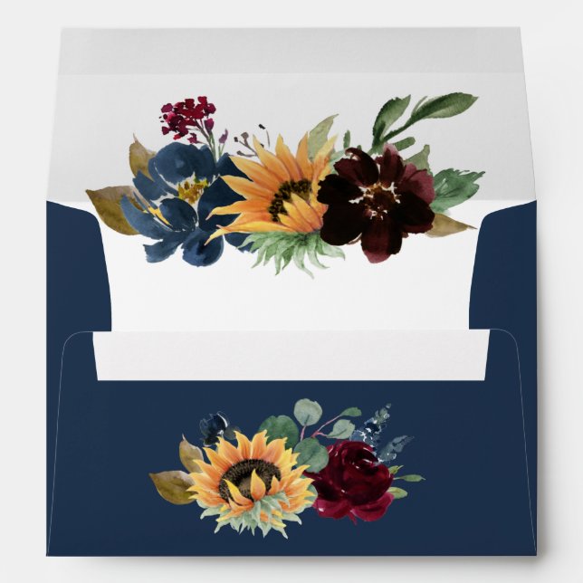 Sunflower and Roses Burgundy Red Navy Blue Wedding Envelope (Back (Bottom))