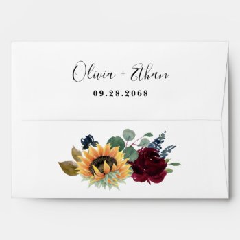 Sunflower And Roses Burgundy Red Navy Blue Wedding Envelope by RusticWeddings at Zazzle