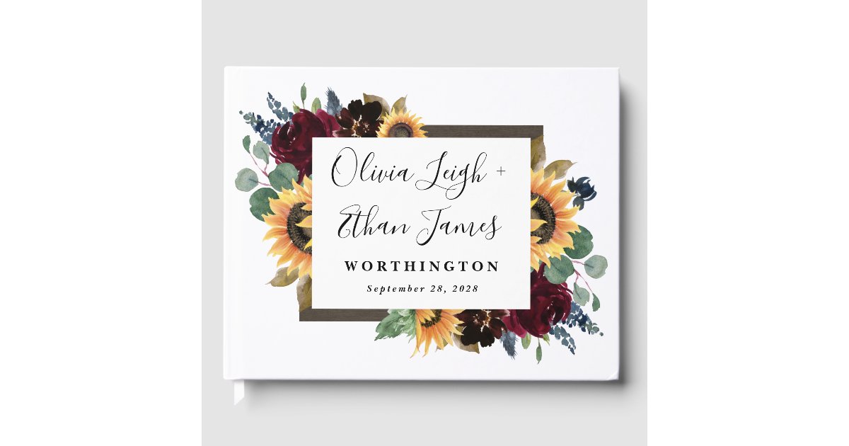 Sunflower and Roses Burgundy Red Navy Blue Wedding Guest Book | Zazzle