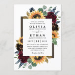 Sunflower and Roses Burgundy Red Navy Blue Wedding Invitation<br><div class="desc">Design features elegant watercolor roses, peonies, wildflowers and sunflowers in various shades of burgundy red, navy blue and more over a wreath of eucalyptus greenery. Design also features a barn wood frame underneath the wreath. A unique font layout compliments the overall design. You can change the background color on the...</div>