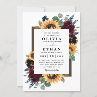 Burgundy Sunflower Wedding Invitations, Red Roses, Navy Blue