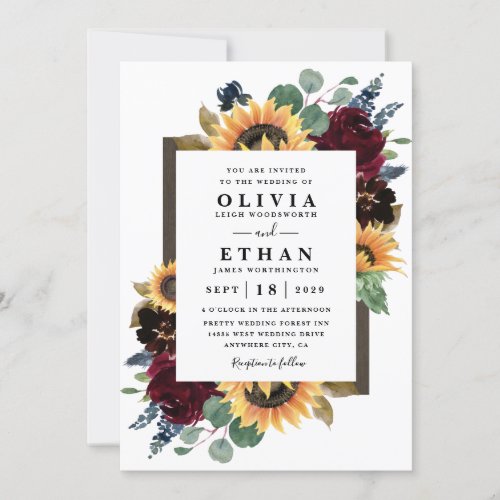 Sunflower and Roses Burgundy Red Navy Blue Wedding Invitation - Design features elegant watercolor roses, peonies, wildflowers and sunflowers in various shades of burgundy red, navy blue and more over a wreath of eucalyptus greenery.  Design also features a barn wood frame underneath the wreath.  A unique font layout compliments the overall design.   You can change the background color on the front and back to the color of your choice or leave both set to white.  View the collection on this page to find matching wedding stationery products.